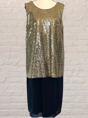 Algo vintage Sequin sleeveless layered midi shift Dress Size 12 Gold/Black